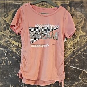 Pink Graphic Ruched Tie Front Tee